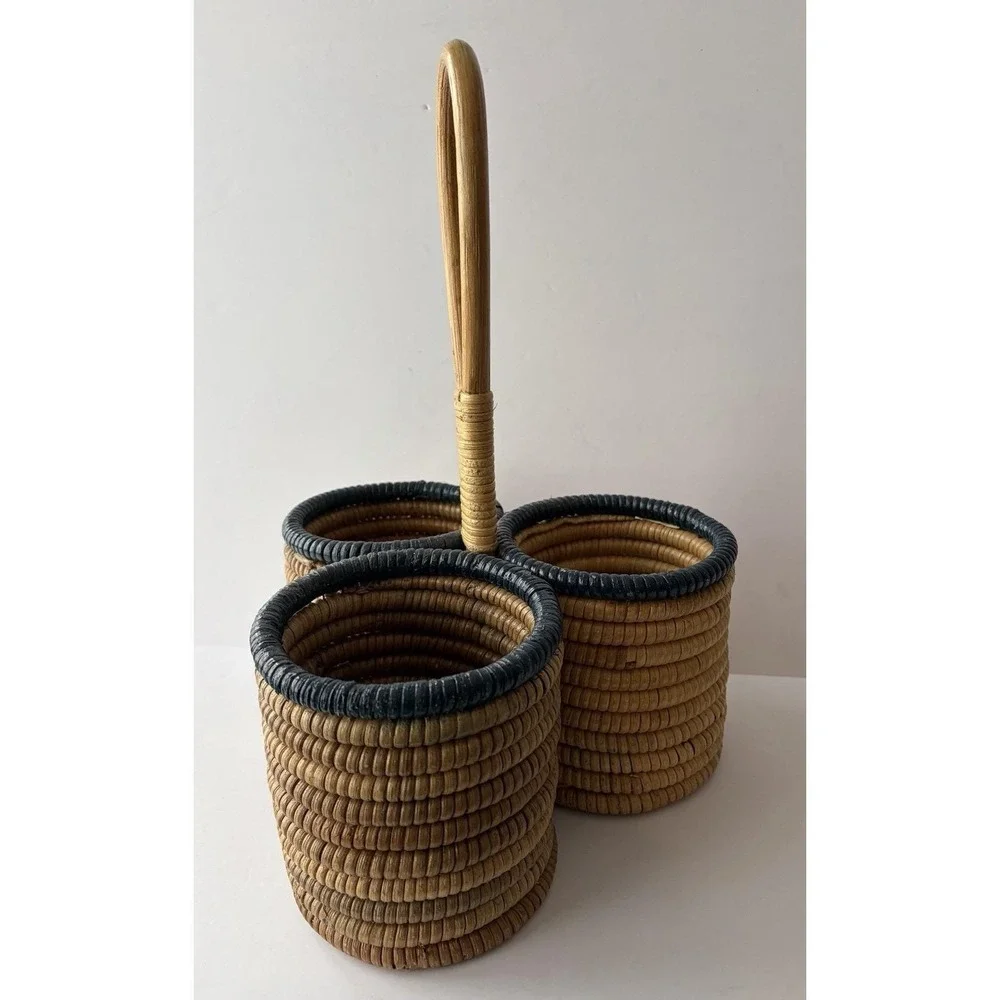 Vintage Woven Rattan 3‎ Compartment Caddy Basket w Handle Boho